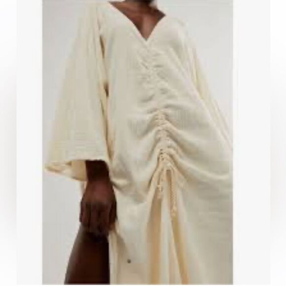 Free People x Jen’s Pirate Booty Folksong Kaftan Dress Cream Ruched V-Neck M/L - Picture 1 of 5